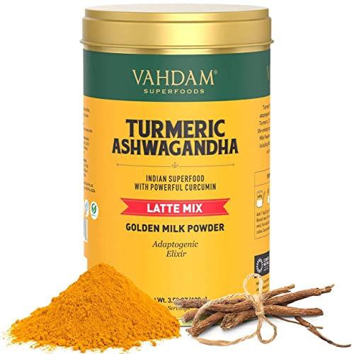 VAHDAM USDA Organic Turmeric Ashwagandha Latte (100 gm / 40 Cups) | Ashwagandha Herbal Tea for Immunity & Stress Relief | 3 Step Latte - No Equipment Required