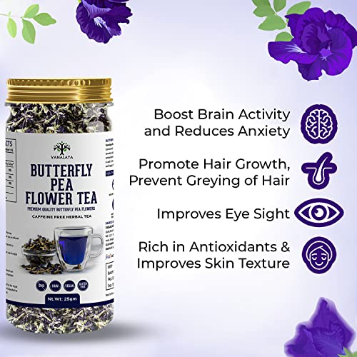 Vanalaya Organic Butterfly Pea Tea From Sun Dried Butterfly Pea Flowers For Stress Relief 25gm