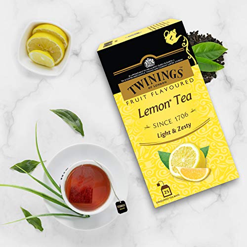 Twinings Lemon Tea, 25 Teabags, Premium Black Tea with Lemon, English Classic Taste, Light Strength, Bright and Zesty Flavor