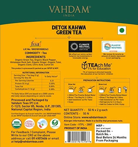 VAHDAM, Organic Detox Kahwa Green Tea- 50 Tea Bags (Cough & Cold Relief) | Real Ingredients (Black Pepper, Tulsi, Ginger, Clove, and Green Tea) | Ayurvedic Kahwa for Cold Relief
