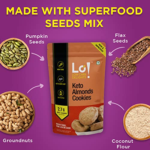 Lo! Low Carb Delights - Almond Keto Cookies (200g) | All New Formulation | Stevia Sweetened | Authentic Flavor and Taste | Zero Added Sugar | 2.7g Net Carb | Keto Snacks for Keto Diet | Low Carb Snack