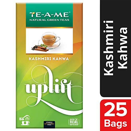 TE-A-ME Uplift Kashmiri Kahwa Natural Green Tea, 25 Tea Bags - 100% Natural Ingredients - Green Tea, Cinnamon, Cardamom