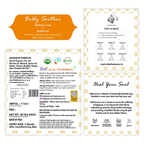 Tea Treasure Belly Soother Tea -10 Pyramid Tea Bags - Blend of Rooibos, Peppermint, Ginger, Lemongrass, Fennel seeds, Spearmint, Licorice, Milk thistle | Tea for Belly Fat |Reduces Bloating & Gas