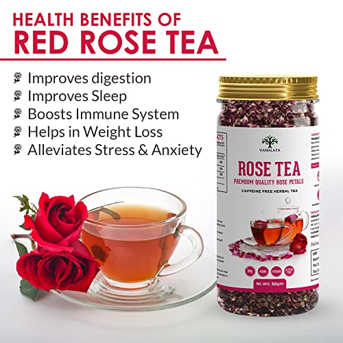 Vanalaya Rose Tea For Glowing Skin, Weight loss Made with 100% Natural Rose Petals 30g