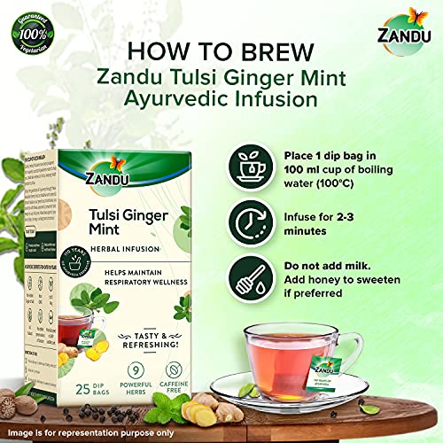 Zandu Tulsi Ginger Mint Herbal Infusion, a Herbal Tea Enriched with Ayurvedic Ingredients (25 Tea Bags)