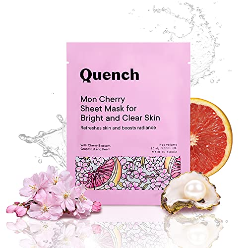 Quench Botanics Mon Cherry Sheet Mask for Bright and Clear Skin | Made in Korea | Sheet Mask Drenched with Serum | Brightens Skin and Boosts Radiance | with Cherry Blossom, Grapefruit, Pearl, Olive Oil and Babassu Seed Oil