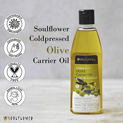 Soulflower Olive Carrier Oil for Moisturizing Skin & Face, Hair Nourishment, Makeup Primer - 100% Pure & Natural Undiluted Coldpressed Oil, 225ml