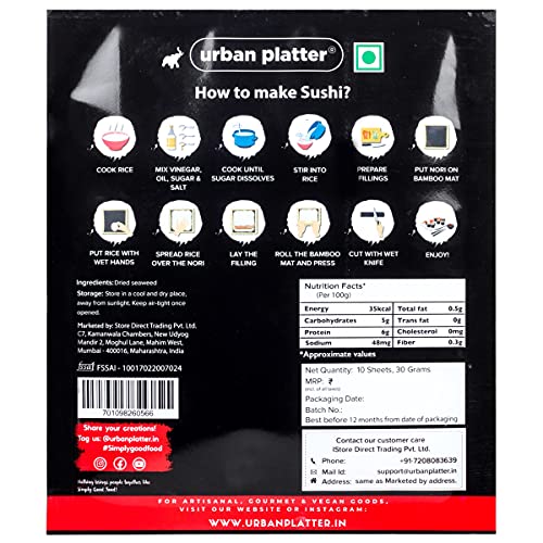 Urban Platter Sushi Nori Sheets (Roasted Seaweed Laver), 10 Sheets / 30 Grams