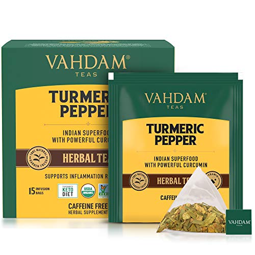 VAHDAM, Turmeric Pepper Herbal Tea- 15 Tea Bags | 100% Natural Ingredients | Health Benefits of Active Turmeric + Pepper + Cardamom + Cloves | Low Caffeine Herbal Detox Tea Blend | Anti-Inflammatory