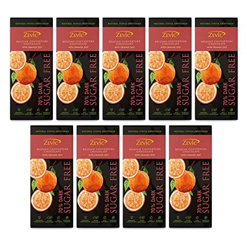 ZEVIC 70% Belgian Sugar Free Dark Keto Chocolate with Orange Zest | Keto & Diabetic Friendly | High in Antioxidants & Vitamin C | Sweetened with Stevia, 40gm (Pack of 9)
