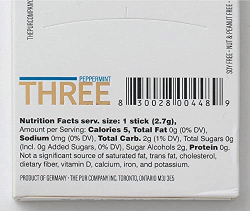 PUR THREE | Sugar Free Chewing Gum | 100% Xylitol | Vegan, Aspartame Free, Gluten Free & Keto Friendly | Natural Peppermint Flavored Gum, 12 Pieces (Pack of 10)