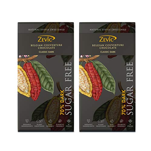 Zevic 70% Belgian Sugar Free Dark Chocolate with Stevia, 96 gm - Pack of 2 VEGAN | KETO FRIENDLY | PLANT SWEETENED| GLUTEN-FREE