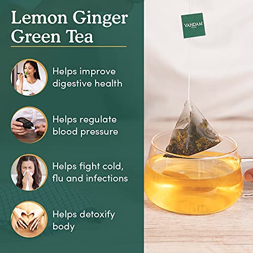 VAHDAM - Organic Ginger Lemon Green Tea -15 Green Tea Bags | Lemon Tea - Rich in Vitamin C | Certified Organic Detox Tea & Ginger Tea Aids Weight Loss