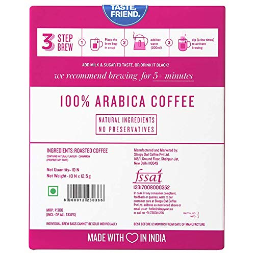 Sleepy Owl Coffee Cinnamon Hot Brew Bags | Set of 10 Bags - Makes 10 Cups | 3 Step Brew - No Equipment Required | 100% Arabica Beans - Sourced Directly from Farms