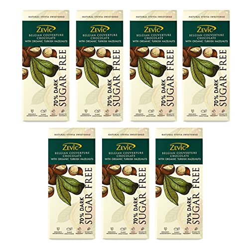 Zevic Sugar Free 70% Dark Belgian Chocolate with Organic Turkish Hazelnuts Vegan | Diabetic Friendly | Natural Sweetened | Keto Friendly 40 gm (Pack of 7)