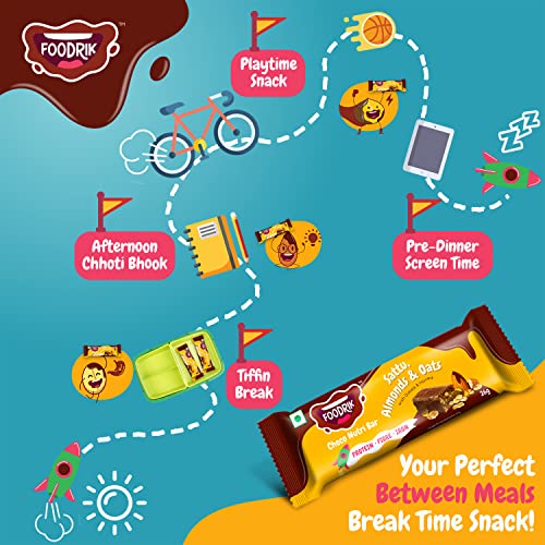 Foodrik Chocolate Nutri Snack Bar | Sattu, Almonds, Oats, Dates and Honey | Wrapped in Tasty Chocolate | Healthy Nutrition Bar for Kids and Adults | (Pack of 6, 26gm x 6 Bars)