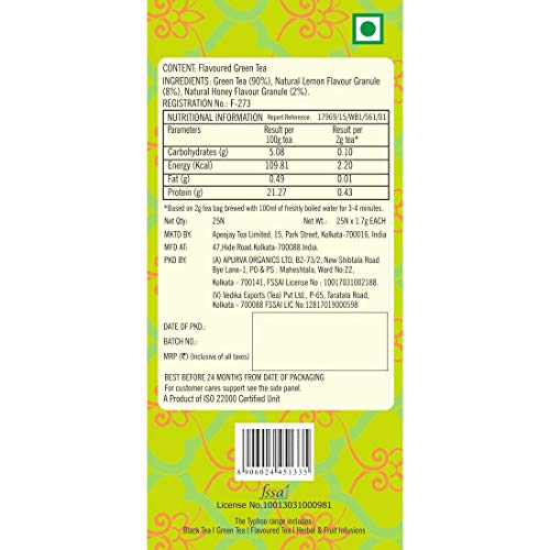 Ty-phoo Natural Green Tea Lemon and Honey with 25 Heat Sealed Enveloped Bags, 25 Bags