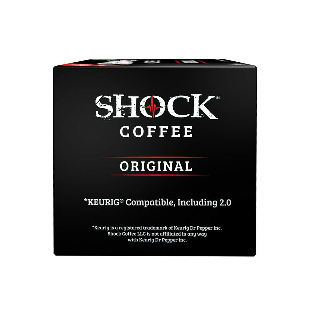 Shock Coffee Single Serve Cups. Up to 50% more Caffeine than Regular Coffee. 12 count - Compatible with Keurig K-Cup Brewers 2.0