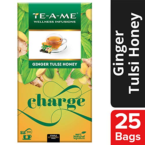 TE-A-ME Charge Ginger Tulsi Honey Herbal Infusion Tea, 25 Infusion Tea Bags | 100% Caffeine Free