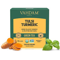 VAHDAM, Tulsi + Turmeric Green Tea | Green Tea Bags (15 Pyramid Tea Bags) | Organic Detox Tea with Medium Caffeine Content | Rich in ANTIOXIDANTS | Brew it Hot or Cold