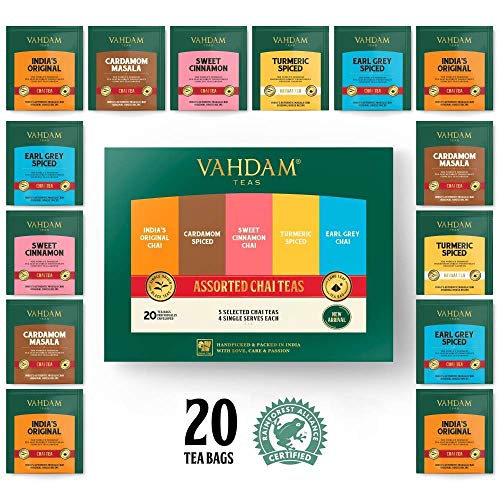 VAHDAM, Chai Tea Sampler, 5 TEAS - Tea Variety Pack | Assorted Chai Tea Bags | Cardamom Tea Bags, Cinnamon Tea Bags, Turmeric Masala Chai Tea Bags | 20 Ct | Tea Gift Set