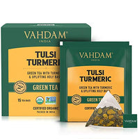 VAHDAM, Tulsi + Turmeric Green Tea | Green Tea Bags (15 Pyramid Tea Bags) | Organic Detox Tea with Medium Caffeine Content | Rich in ANTIOXIDANTS | Brew it Hot or Cold
