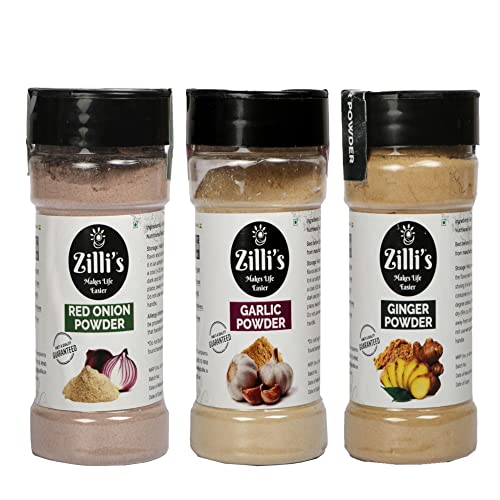 Zilli's  Red Onion Powder, Ginger Powder (Adrak /Sunth) & Garlic Powder (100g x 3 = 300g) - for Cooking & Baking, Everyday Use Natural Powder, Vegan, Gluten Free, No Preservatives - [Essential Combo Pack]