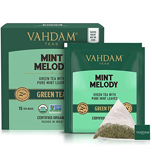 VAHDAM, Organic Mint Green Tea (15 Pyramid Tea Bags) USDA Certified, Non-GMO, 100% Natural Spearmint & Peppermint Leaves | Fresh Mint Green Tea Bags, Long Leaf Green Tea Leaves