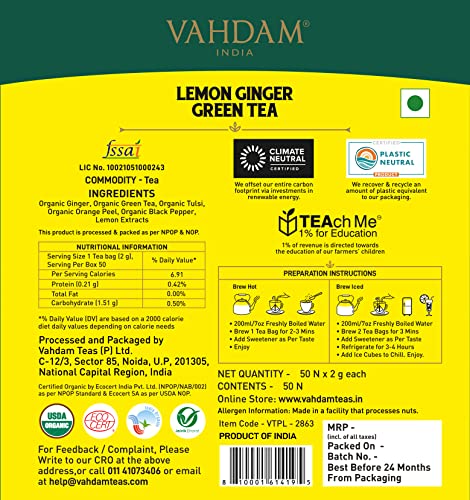 VAHDAM - Organic Ginger Lemon Vitamic C Rich Green Tea - 50 Tea Bags | 100% Natural | Certified Organic Detox Tea & Ginger Tea Aids Weight Loss