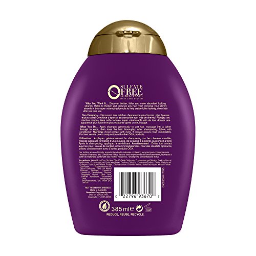 OGX Thick & Full + Biotin & Collagen Volumizing Shampoo for Thin Hair, Thickening Shampoo with Vitamin B7, Collagen & Hydrolyzed Wheat Protein, For Thicker, Fuller, Healthier looking hair, Sulfate Free Surfactant, No Parabens, 385 ml