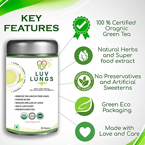 LuvLungs® Lungs Detox for Smokers Organic Green Tea with Mullein Leaf Extract. 50 Grams Pack. Natural and Handmade.