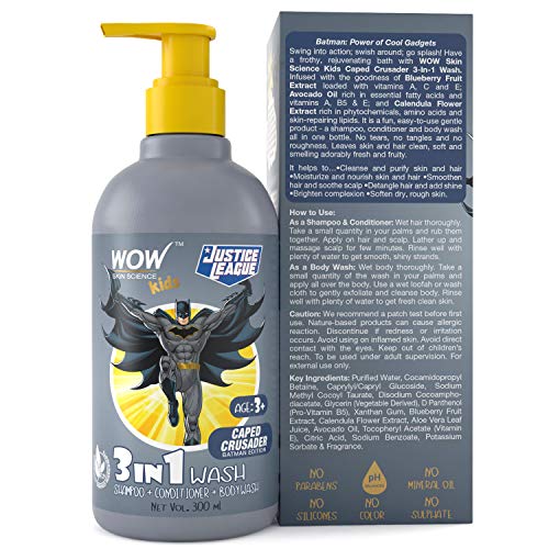 WOW Skin Science Kids 3 in 1 Wash - Shampoo + Conditioner + Body Wash - Caped Crusader Batman Edition - No Parabens, Color, Mineral Oil, Silicones & Sulphate - 300mL