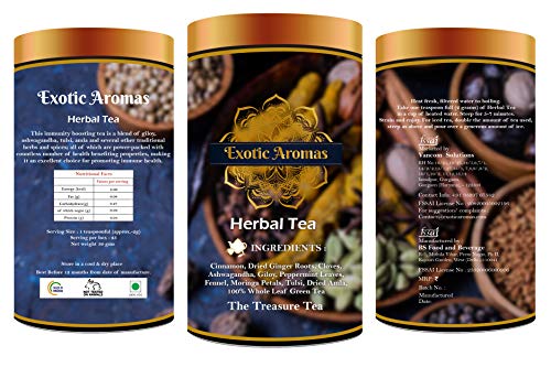 Exotic Aromas Herbal Green Tea, (50 G serves 25 cups) with Ashwagandha, Giloy, Amla, Cinnamon, Fennel, , Peppermint and Moringa, Green Tea for Weightloss, Detox and Immunity