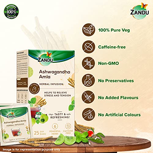 Zandu Ashwagandha Amla Ayurvedic Infusion, a Herbal Tea Enriched with 6 Ayurvedic Ingredients (Pack of 25 Tea Bags X 2)
