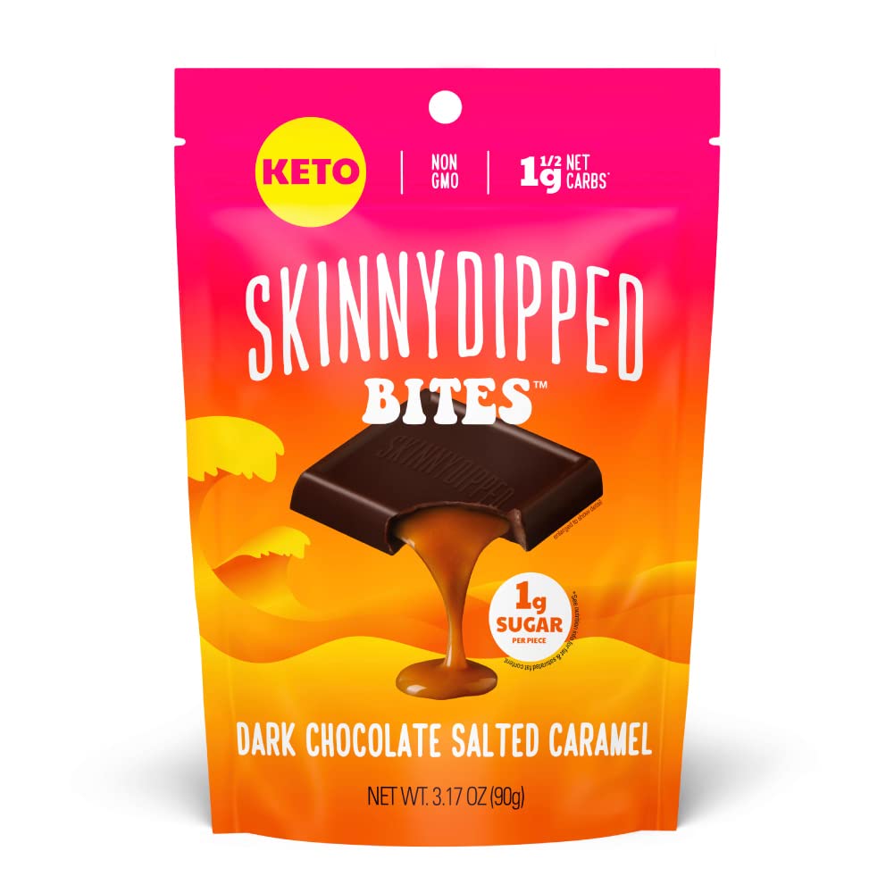 SkinnyDipped Dark Chocolate Salted Caramel Bites, 1g Sugar per Piece, Keto Friendly, No Palm Oil, Gluten Free, 4 Pack