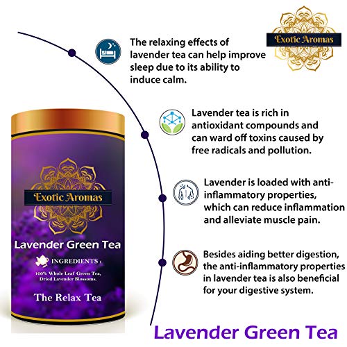Exotic Aromas Lavender Green Tea (200 G, serves 100 cups), 100 % Whole Leaf Green tea for stress relief, good sleep and relaxation