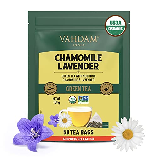 VAHDAM Organic Camomile Green Tea with Imported French Lavender Flowers - 50 Green Tea Bags | USDA Certified Chamomile Tea for Stress Relief and Good Sleep