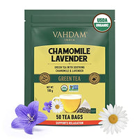 VAHDAM Organic Camomile Green Tea with Imported French Lavender Flowers - 50 Green Tea Bags | USDA Certified Chamomile Tea for Stress Relief and Good Sleep