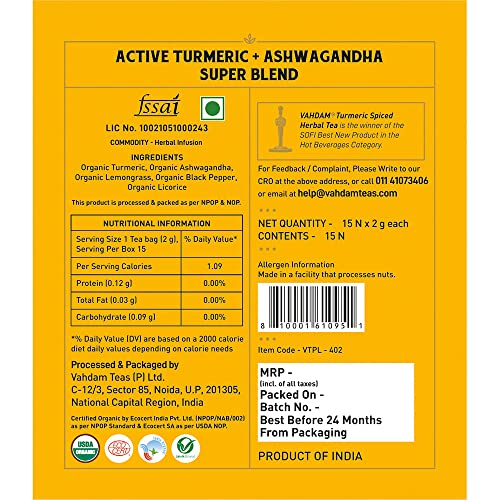VAHDAM Organic Turmeric + Ashwagandha Herbal Tea | 15 Tea Bags of Immunity Tea | Certified USDA Organic | Pure Detox Tea