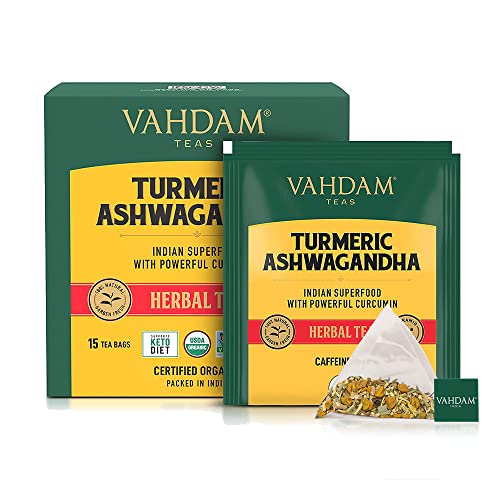 VAHDAM Organic Turmeric + Ashwagandha Herbal Tea | 15 Tea Bags of Immunity Tea | Certified USDA Organic | Pure Detox Tea