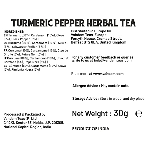 VAHDAM, Turmeric Pepper Herbal Tea- 15 Tea Bags | 100% Natural Ingredients | Health Benefits of Active Turmeric + Pepper + Cardamom + Cloves | Low Caffeine Herbal Detox Tea Blend | Anti-Inflammatory