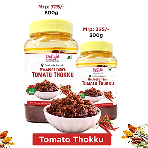 Delight Foods Mylapore Iyer's  Tomato Thokku 300g - Rice Mix | Homemade Recipe made with pure gingelly / Sesame oil | Tomato Pickle / Tangy Tomato Chutney / Tomato Pachadi |Tamil Nadu Special | NO PRESERVATIVES