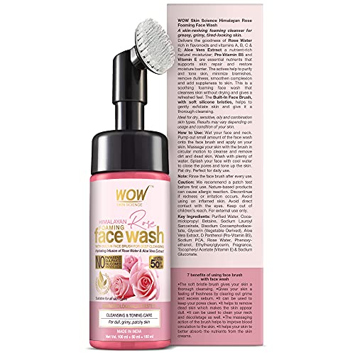 WOW Skin Science Himalayan Rose Foaming Face Wash with Built-in Brush - contains Rose Water & Aloe Vera Extract - for Cleansing & Toning - No Parabens, Sulphate, Silicones & Synthetic Color - 100mL