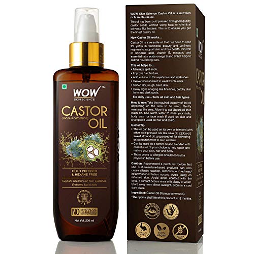 WOW Skin Science 100% Pure Castor Oil - Cold Pressed - For Stronger Hair, Skin & Nails - No Mineral Oil & Silicones, 200 ml