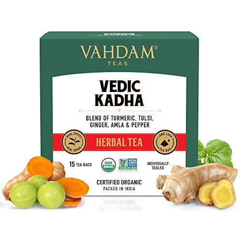 VAHDAM - Organic Ayurvedic Kadha Tea 15 TBS | Herbal Tea for Immunity | Grandma's  Kadha with Tulsi, Amla, Turmeric, Ginger, Black Pepper, Fennel, Cumin and Cloves - 15 Ayush Kadha TBS
