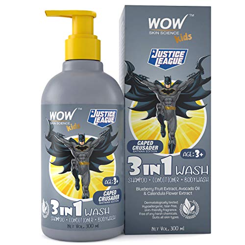 WOW Skin Science Kids 3 in 1 Wash - Shampoo + Conditioner + Body Wash - Caped Crusader Batman Edition - No Parabens, Color, Mineral Oil, Silicones & Sulphate - 300mL