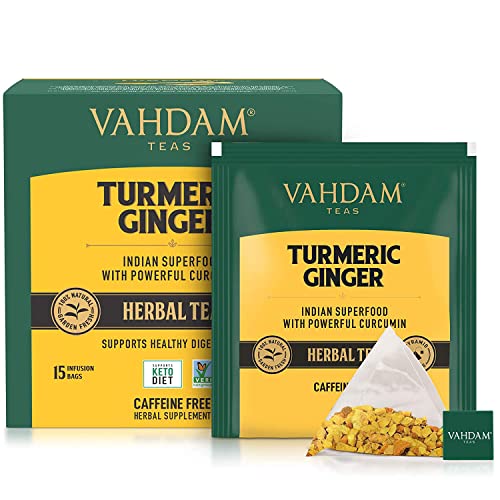 VAHDAM, Organic Turmeric + Ginger Tea | 15 Turmeric Herbal Tea Bags | Powerful Superfoods Blend