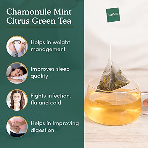 VAHDAM Organic Chamomile Green Tea with Mint & Citrus (50 Tea Bags) - USDA Certified Organic Chamomile Tea for Stress Relief and Good Sleep | 100% Whole Long Leaf, Pyramid Tea Bags