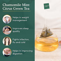 VAHDAM Organic Chamomile Green Tea with Mint & Citrus (50 Tea Bags) - USDA Certified Organic Chamomile Tea for Stress Relief and Good Sleep | 100% Whole Long Leaf, Pyramid Tea Bags