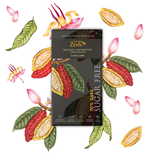 ZEVIC 70% Dark Belgian Sugar Free Chocolate | Vegan & Keto Friendly | Natural Stevia Plant Sweetened | Gluten Free - 96g